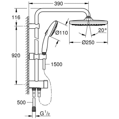 Coloana dus fara baterie Grohe Tempesta System 250 bara 92 cm, crom