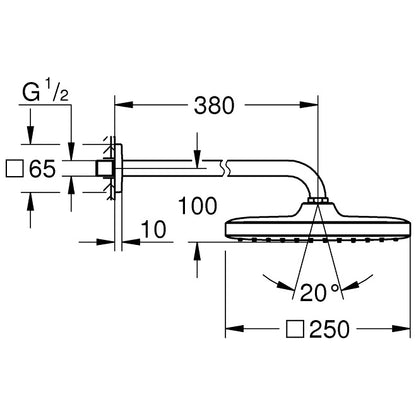 Palarie dus fix Grohe Tempesta 250 Cube, 25x25 cm cu brat, montaj pe perete
