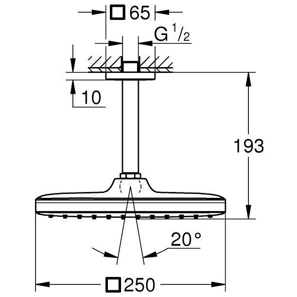 Palarie dus fix Grohe Tempesta 250 Cube, 25x25 cm cu brat, montaj pe tavan