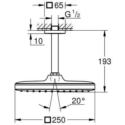 Palarie dus fix Grohe Tempesta 250 Cube, 25x25 cm cu brat, montaj pe tavan