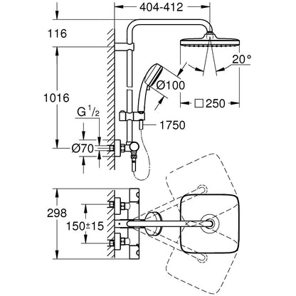 Coloana dus cu baterie si termostat Grohe Tempesta Cosmopolitan 250 Cube