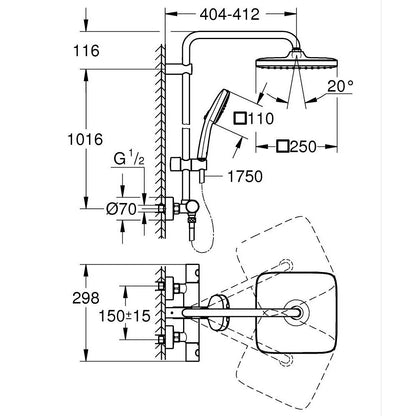 Coloana dus cu baterie si termostat Grohe Tempesta System 250 Cube