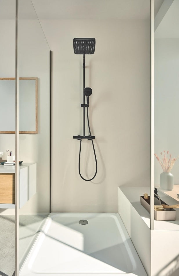 Coloana dus cu baterie si termostat Grohe Tempesta System 250 Cube , negru mat (phantom black)