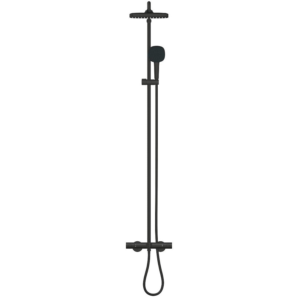 Coloana dus cu baterie si termostat Grohe Tempesta System 250 Cube cu pipa cada, negru mat (phantom black)