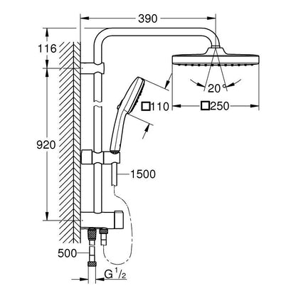 Coloana dus fara baterie Grohe Tempesta System 250 Cube, bara H92 cm, crom