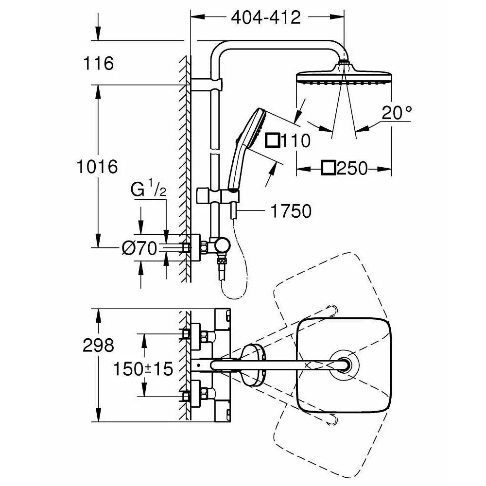 Coloana dus cu baterie si termostat Grohe Vitalio Start Cube 250, crom