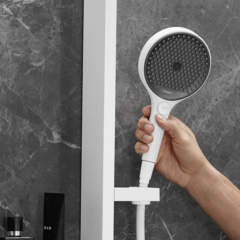 Coloana dus fara baterie Hansgrohe Rainfinity, cu 2 polite, alb mat