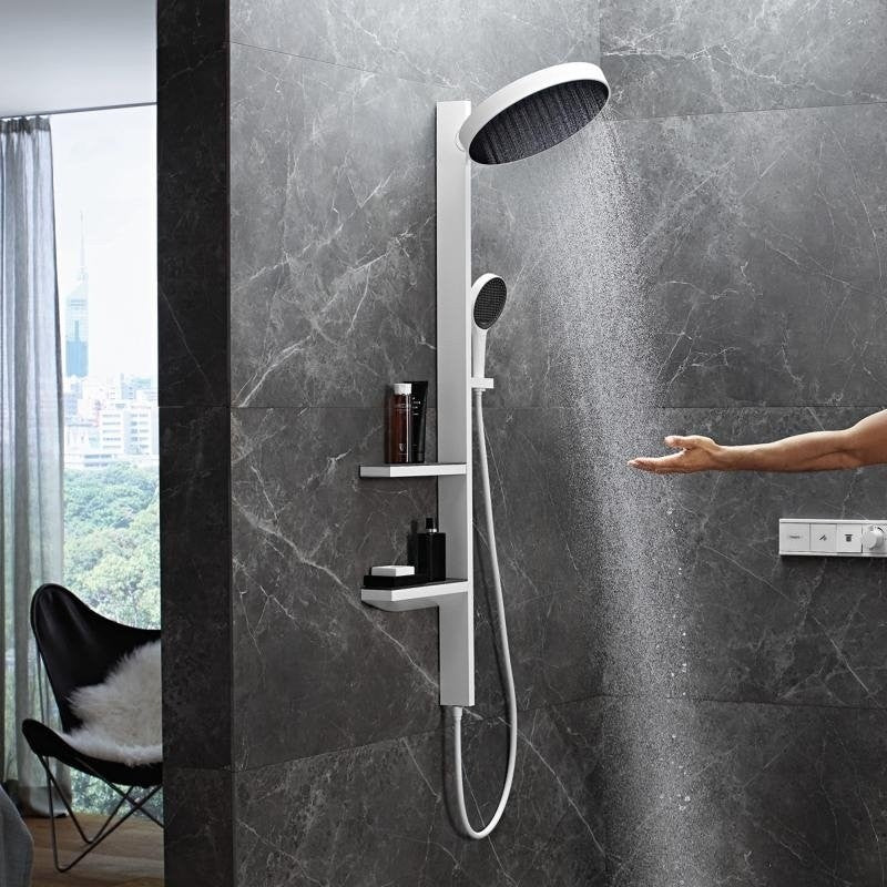Coloana dus fara baterie Hansgrohe Rainfinity, cu 2 polite, alb mat