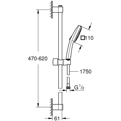 Grohe Tempesta Cube 110 Set dus cu bara 60 cm cu furtun metalic, 2 jeturi