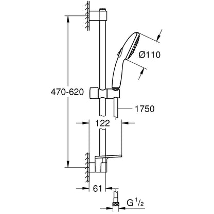 Grohe Tempesta Cube 110 Set dus cu bara 60 cm cu furtun metalic si savoniera, 2 jeturi
