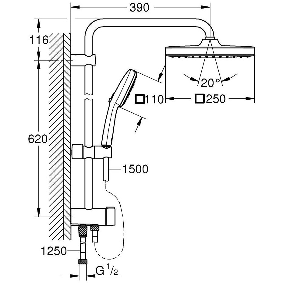 Coloana dus fara baterie Grohe Tempesta System 250 Cube, negru mat