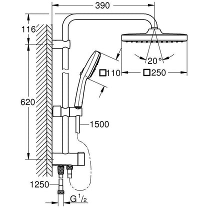 Coloana dus fara baterie Grohe Tempesta System 250 Cube, negru mat