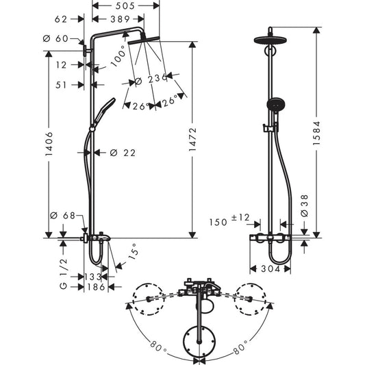 Coloana dus cu baterie si termostat Hansgrohe Raindance Select 240, cu pipa cada
