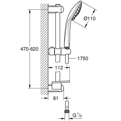 Grohe Euphoria 110 Massage Set dus cu bara 60 cm, fara limitator, crom