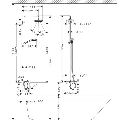 Coloana dus cu baterie si termostat Hansgrohe Croma Select E 180 2jet, H160 cm, alb/crom
