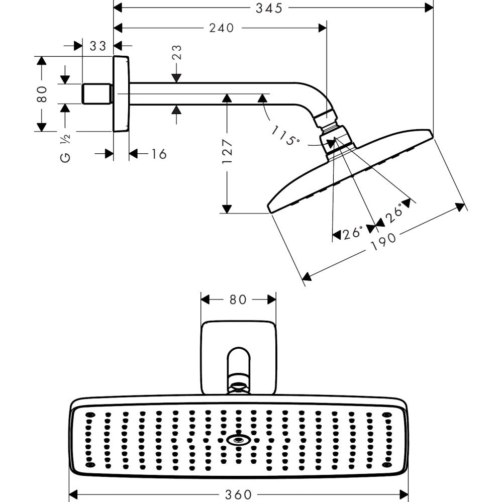 Palarie dus fix Hansgrohe Raindance E 360 Air 1 jet 1/2', cu brat orizontal 240 mm
