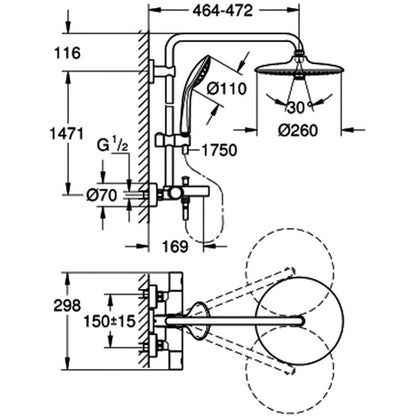 Coloana dus cu baterie si termostat Grohe Euphoria 260, cu pipa cada, bara 147 cm