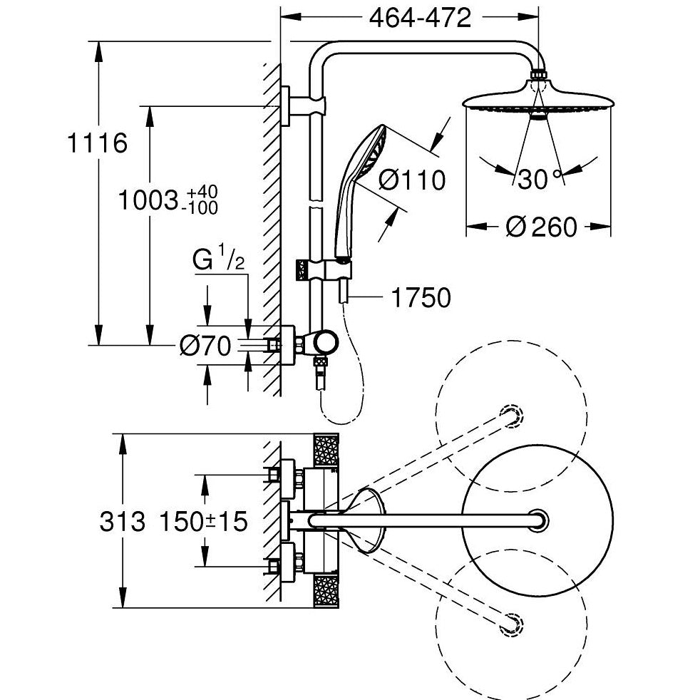 Coloana dus cu baterie si termostat Grohe Euphoria System 260