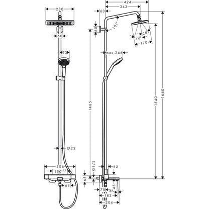 Coloana dus cu baterie si termostat Hansgrohe Croma E280, cu pipa cada, Cool Contact