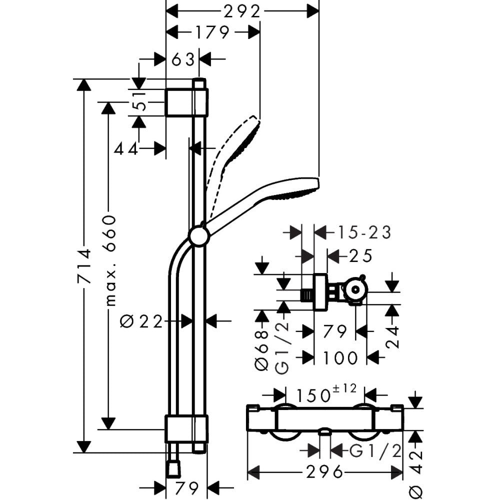 Hansgrohe Croma Select S Baterie dus cu termostat si bara 72 cm, crom