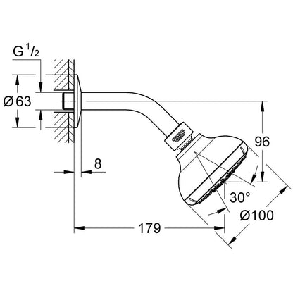 Palarie dus fix Grohe New Tempesta 100, Ø10 cm cu brat, 4 jeturi