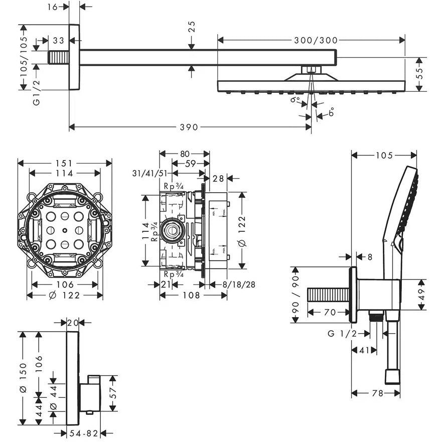 Sistem dus incastrat cu termostat Hansgrohe Raindance E 300, crom