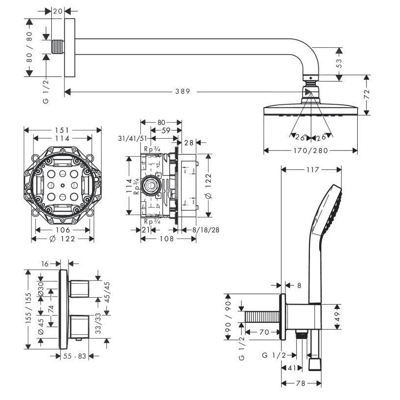 Sistem dus incastrat cu termostat Hansgrohe Croma E 280, crom