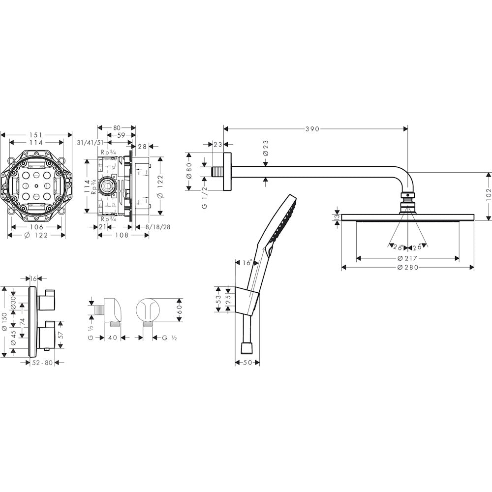 Sistem dus incastrat cu termostat Hansgrohe Croma Ecostat S, negru mat