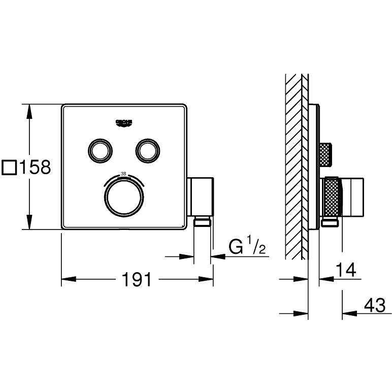 Grohe Grohtherm SmartControl Baterie dus cu termostat cu 2 iesiri si suport, patrata