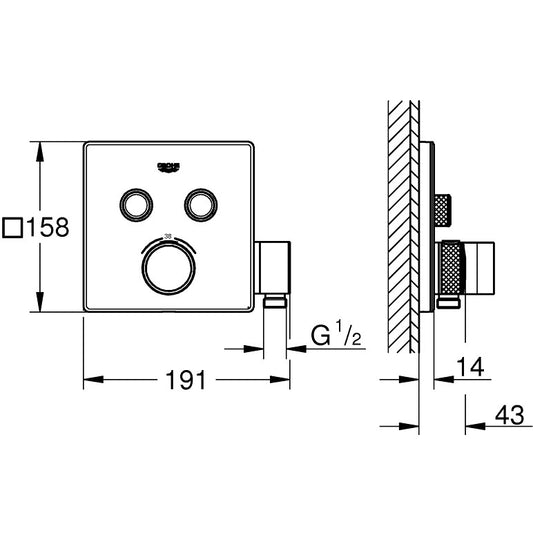 Grohe Grohtherm SmartControl Baterie dus cu termostat cu 2 iesiri si suport, patrata
