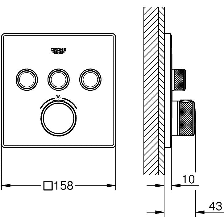 Grohe Grohtherm SmartControl Baterie dus cu termostat cu 3 iesiri, patrata