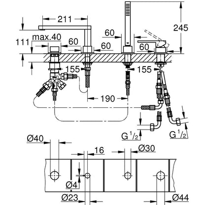 Grohe Plus Baterie cada dus monocomanda cu set dus, 4 orificii, crom