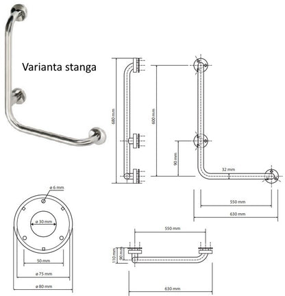 Bemeta Help Bara de sprijin 63 cm, H68 cm, inox mat
