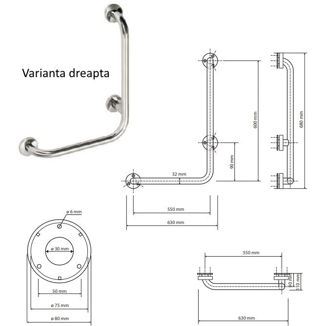 Bemeta Help Bara de sprijin 63 cm, H68 cm, inox mat