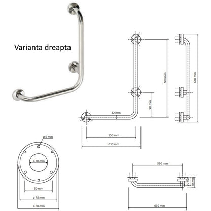 Bemeta Help Bara de sprijin 63 cm, H68 cm, inox mat