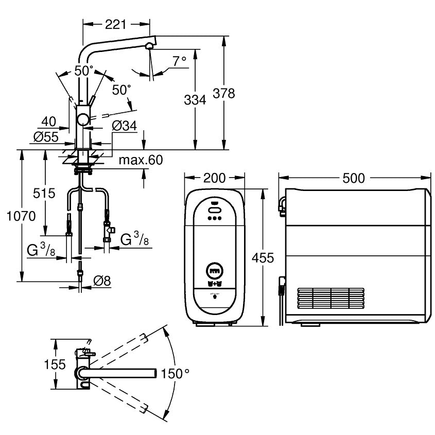 Grohe Blue Home Ondus Baterie de bucatarie cu sistem de filtrare, racire si acidulare, pipa L, crom