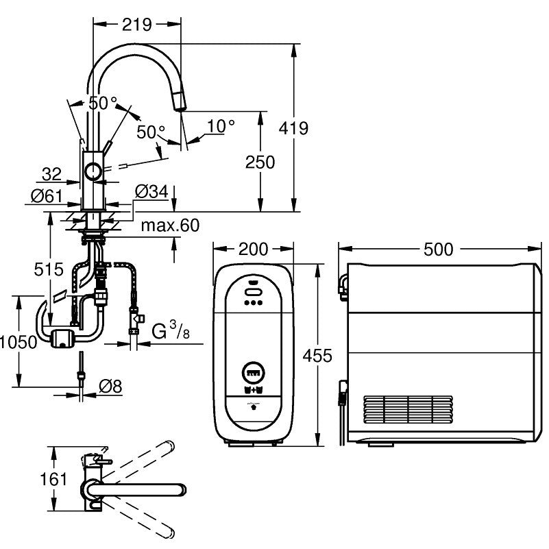 Grohe Blue Home Ondus Baterie de bucatarie cu sistem de filtrare, racire si acidulare, pipa C si dus extractibil, crom