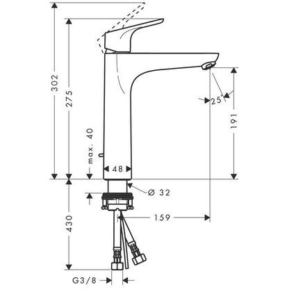 Baterie lavoar Hansgrohe Focus 190, cu ventil metalic pop-up