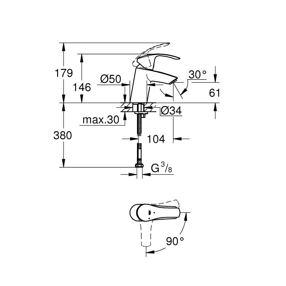 Baterie lavoar Grohe Eurosmart, Coldstart, marime S