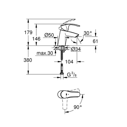 Baterie lavoar Grohe Eurosmart, Coldstart, marime S