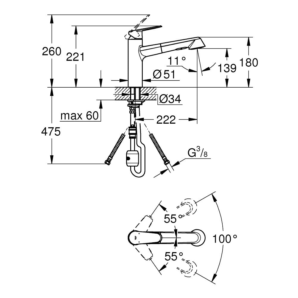 Grohe Eurodisc Cosmopolitan Baterie chiuveta bucatarie monocomanda cu dus extractibil, pipa in L
