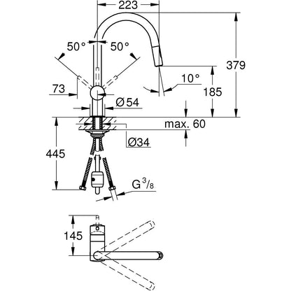 Grohe Minta Baterie chiuveta bucatarie monocomanda cu dus extractibil cu 2 jeturi, pipa C, crom