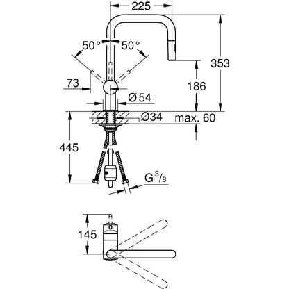Grohe Minta Baterie chiuveta bucatarie monocomanda cu dus extractibil cu 2 jeturi, pipa U, crom