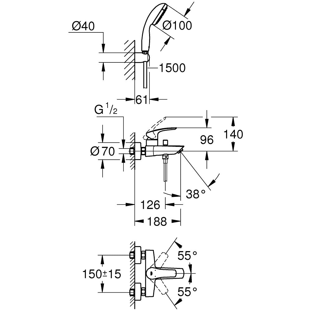 Grohe Eurosmart Baterie cada dus monocomanda cu set dus, crom
