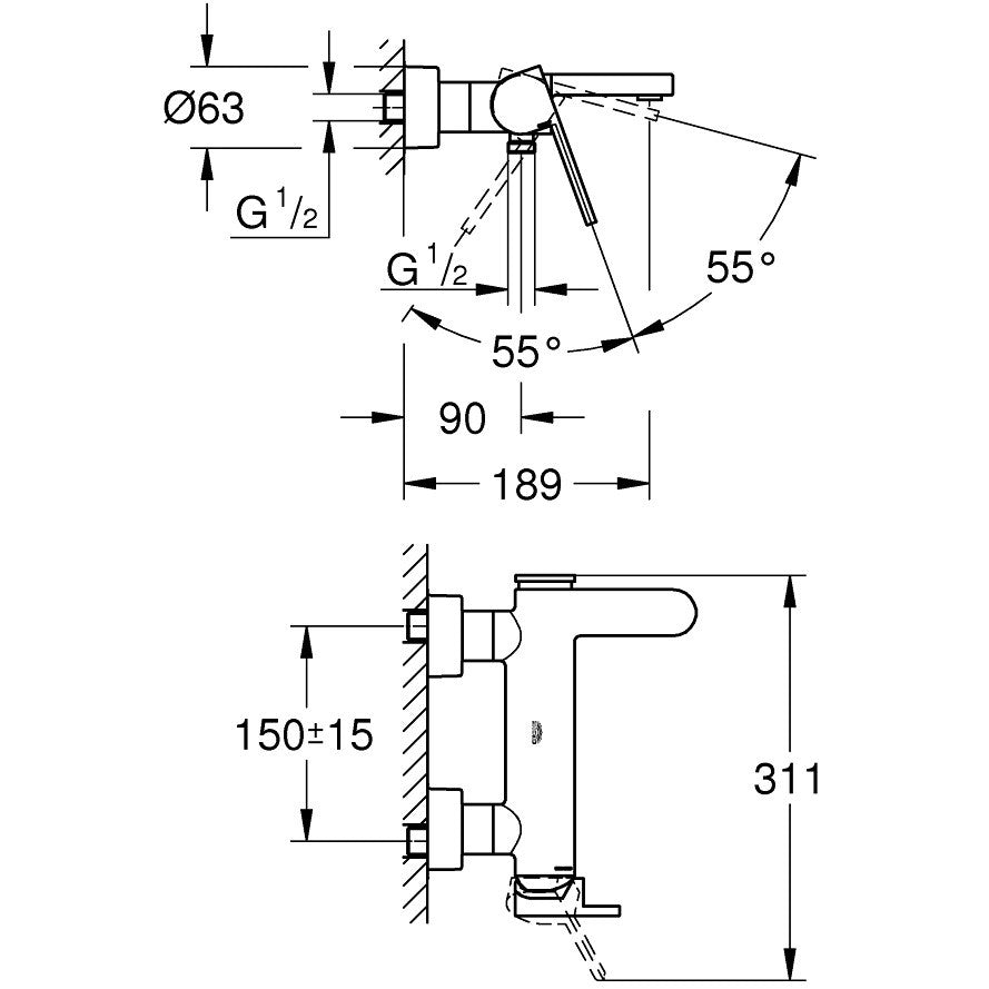 Grohe Plus Baterie cada dus monocomanda, crom