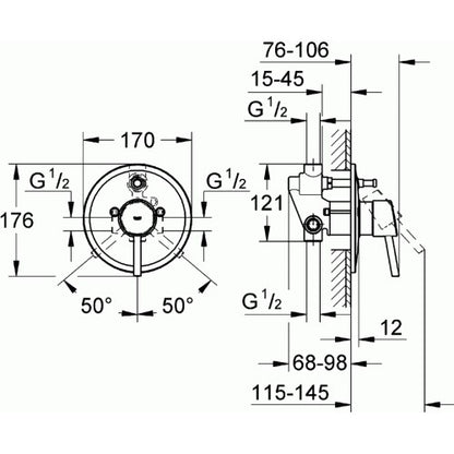 Grohe Bauflow Set preinstalare pentru baterie de dus cu montaj pe perete, divertor automat