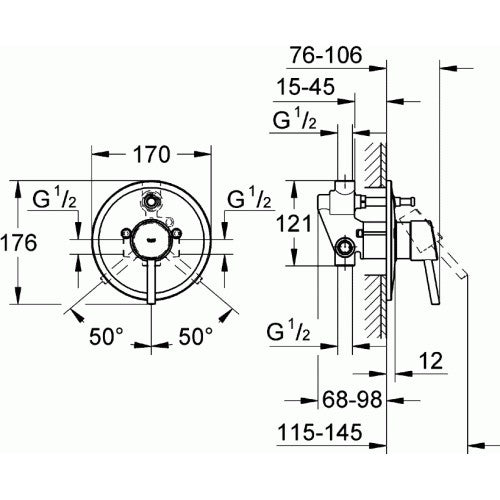 Grohe Bauflow Set preinstalare pentru baterie de dus cu montaj pe perete, divertor automat