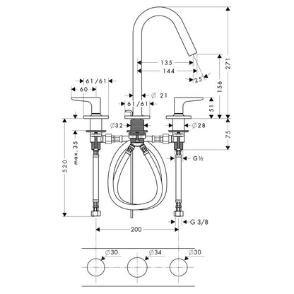 Baterie lavoar Hansgrohe Axor Citterio M 160, dubla comanda, cu ventil pop-up, manere tip L