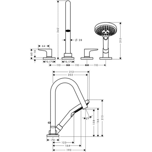 Hansgrohe Axor Citterio M Baterie cada dus cu 4 iesiri, montaj langa cada