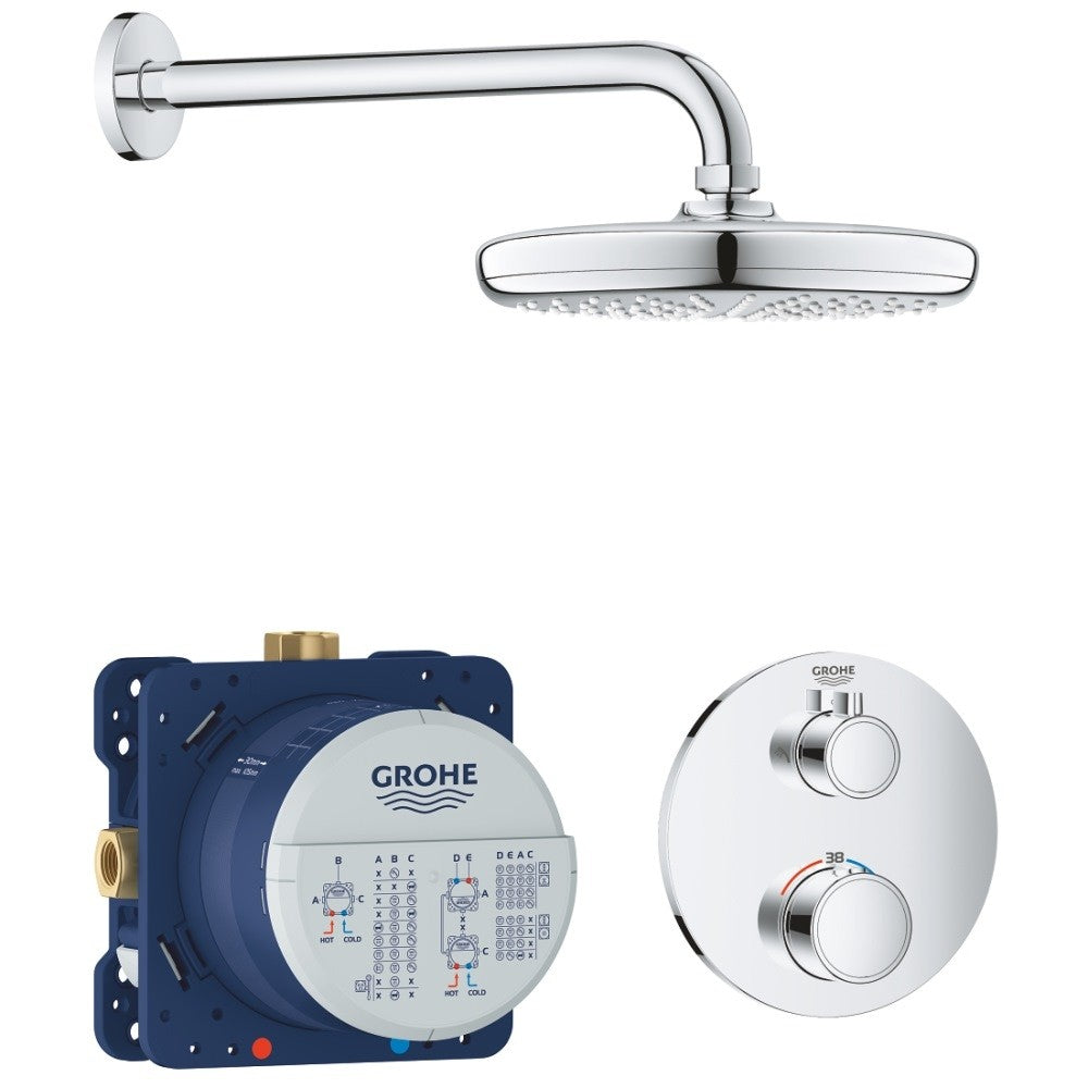 Sistem dus incastrat cu termostat Grohe Grohtherm Perfect Tempesta 210, fara para dus de mana, baterie rotunda